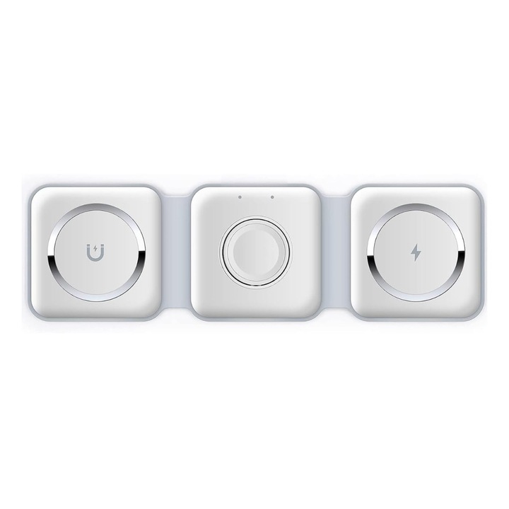 Incarcator Wireless 3 in 1 Magnetic, Portabil, Pliabil fara fir, Fast Charge 15 W, Suport pentru telefon, Compatibil cu iPhone, Apple Watch, Airpods Pro, Alb