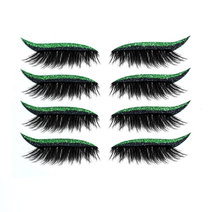 Set de autocolante de eyeliner cu genele, 2-in-1, set de gene auto-adeziv, instrument impermeabil, reutilizabil, Set 4 perechi gene cu sclipici autoadezive, 4.3 x 2.3 cm, Verde/Negru
