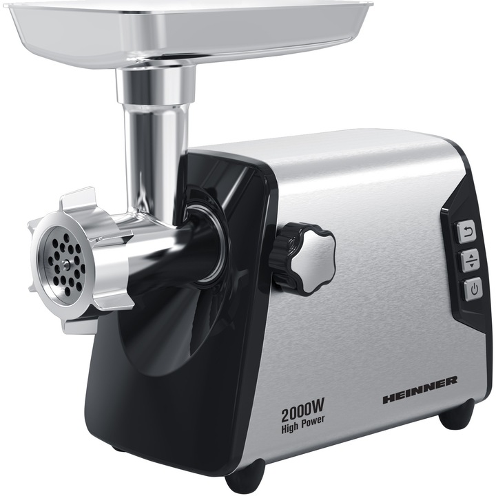 Masina de tocat Heinner HMG-Y2000SS, 2000W, angrenaj metalic si carcasa din aluminiu, capacitate tocare de 3kg/min, cutit inox, 3 site metalice, buton switch cu 2 viteze, functie reverse, carcasa inox, negru/argintiu