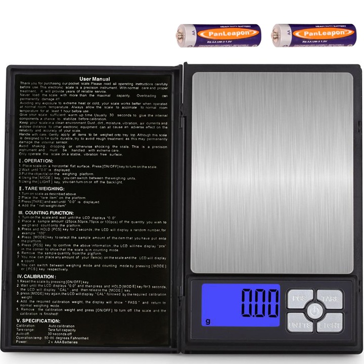 Mini Cantar Electronic de Buzunar cu Afisaj LCD, 0,01-500g, Precizier 0.01g, Negru