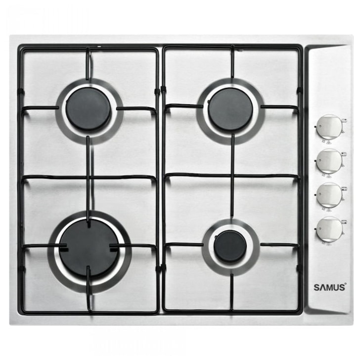 Plita Incorporabila Samus PSG-64SX, 4 arzatoare gaz, Latime 58 cm, Sistem de siguranta la arzatoare, Aprindere electrica, Inox