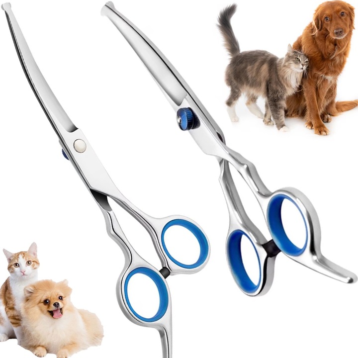 Foarfeca profesionala curbata de tuns caini, pisici si alte animale de companie, Fish & Paws ®, varf rotund de siguranta, durabilitate crescuta, ingrijire de calitate cu design confortabil, din otel inoxidabil, 17cm, Argintiu, Set