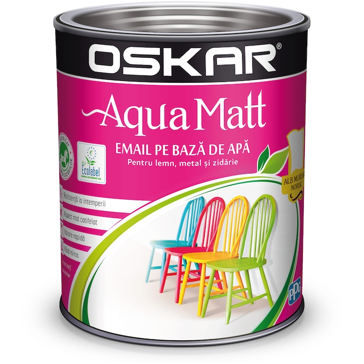 Vopsea email pe baza de apa Oskar Aqua Matt 454417, Alb murdar nordic, 0.6 l