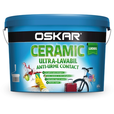 Vopsea ultralavabila pentru interior/exterior Oskar Ceramic Lucios 437014, anti-urme, Alb, 15 l