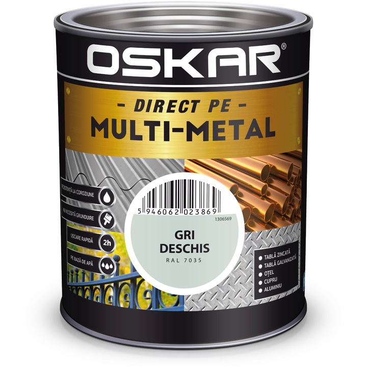 Vopsea email pe baza de apa Oskar Multimetal 443638, rezistent la coroziune, uscare rapida, Gri deschis RAL 7035, 0.75 l