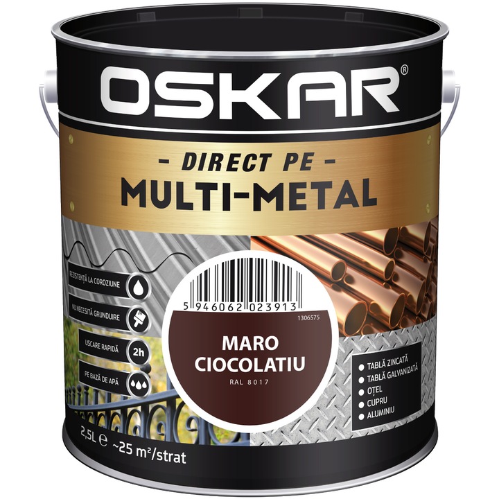 Vopsea email pe baza de apa Oskar Multimetal 443633, rezistent la coroziune, uscare rapida, Maro ciocolata RAL 8017, 2.5 l