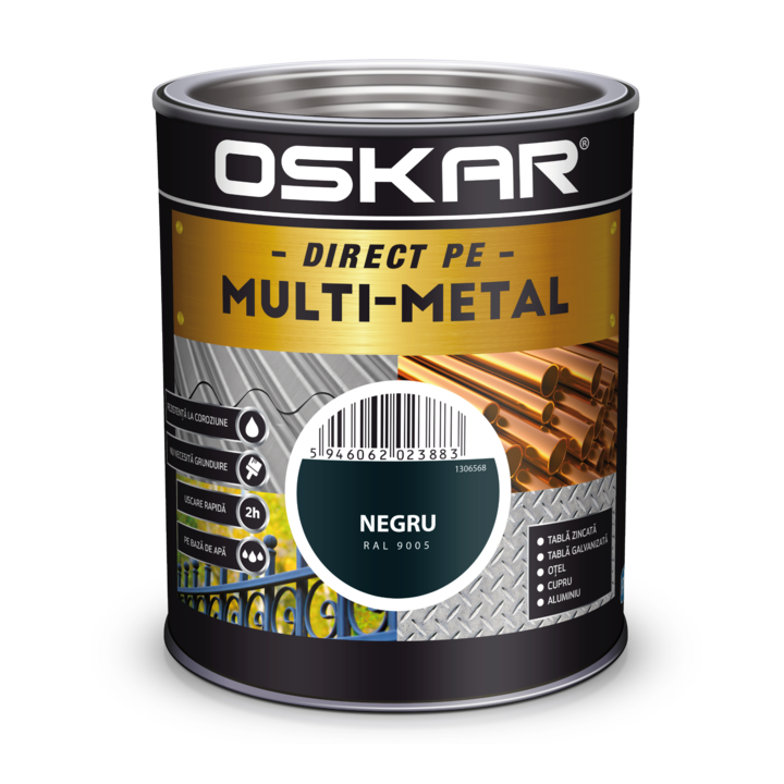 Vopsea email pe baza de apa Oskar Multimetal 443636, rezistent la coroziune, uscare rapida, Negru RAL 9005, 0.75 l
