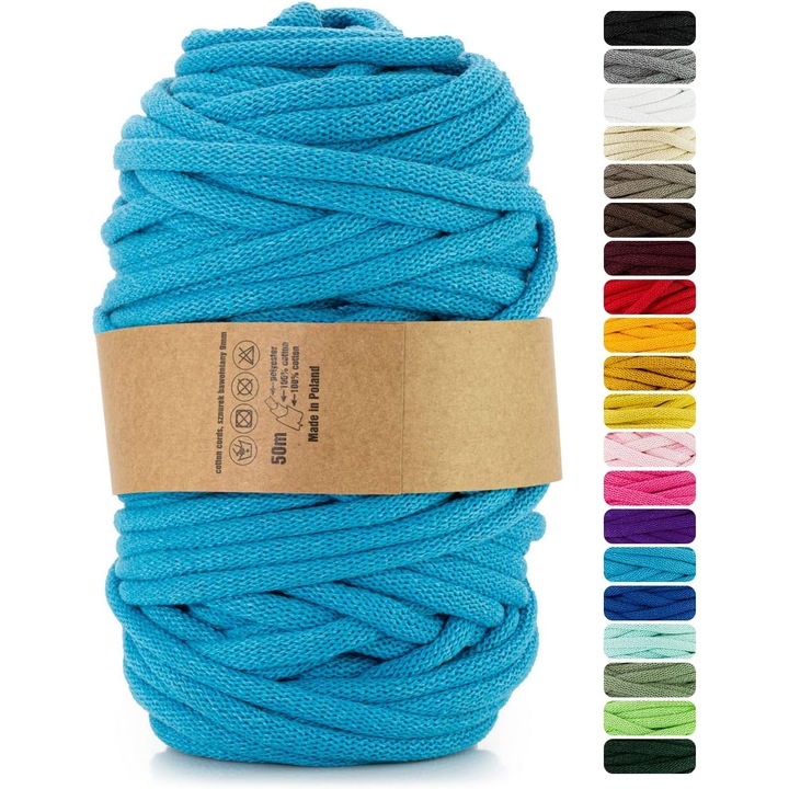 Snur pentru macrame, Weba, Bumbac, 9 mm, 50 m, Albastru