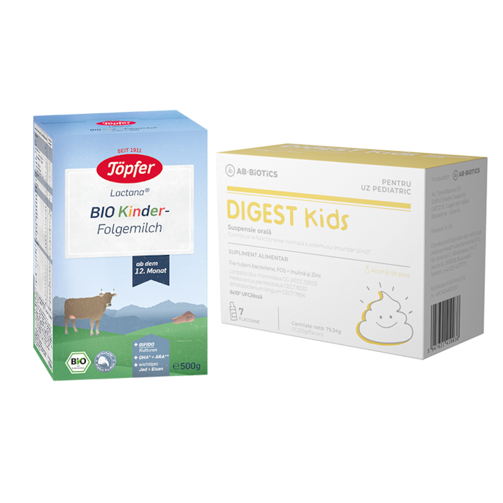 Pachet Formula de lapte Topfer BIO Kinder Organic Follow-on milk 500g + Digest kids suspensie orala, 7fl