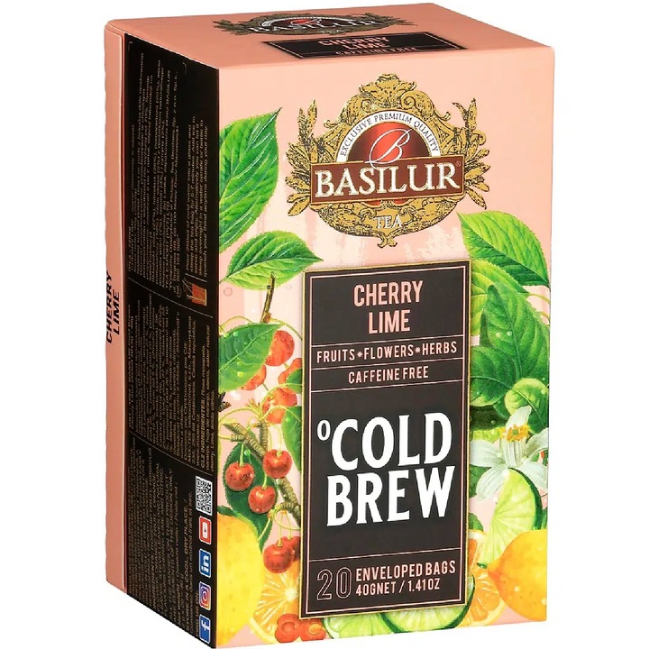 Ceai rece Cold Brew din fructe, flori si plante, Cirese & Lime, fara cofeina, 20 plicuri x 2g, Basilur Tea
