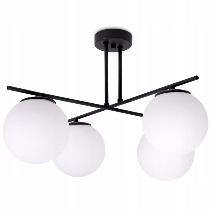 Plafoniera atarnata, Light Home, Modena, 4 puncte de lumina, E27, 230V, 60W, 36.5x55cm, Clasa A, LED, Metal/Sticla, Negru/Alb