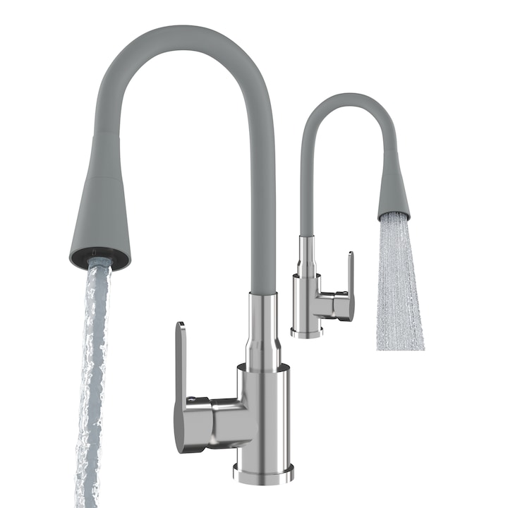 Set baterie de bucatarie cu duza flexibila, Granitan, Lungime duza: 23-32 cm, Diametru duza: 4,7 cm, alama, crom, material de inalta calitate, Culoare gri, crom, Duza rotativa 360°, Doua tipuri de jet de apa, Multicolor