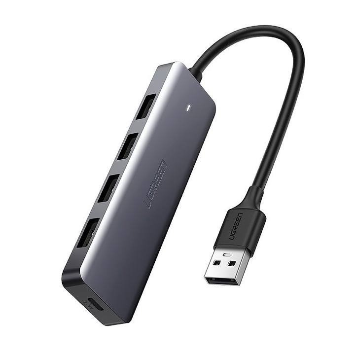 Хъб Ugreen USB, 4х USB 3.2, Micro USB Power Port, сив