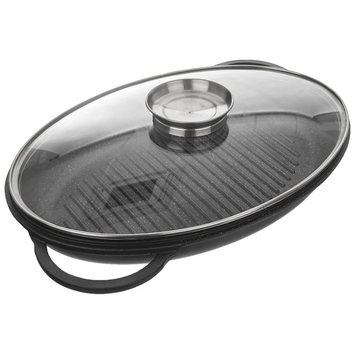 Tava grill cu capac, Orion, Aluminiu, 43x28x6 cm, Negru