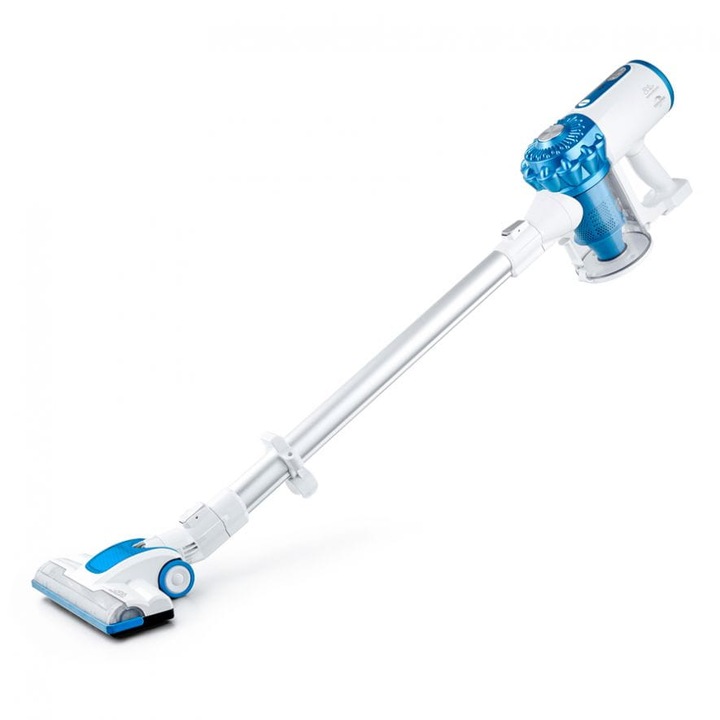 Вертикална прахосмукачка, Eldom, Без торба, Без кабел, 2 степени на скорост, 0.5 L, 130 W, Бяла/Синя