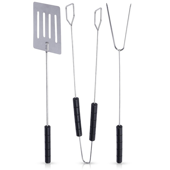Set 3 ustensile pentru gratar, BBQ, Metal/Plastic, 38 cm, Negru/Argintiu