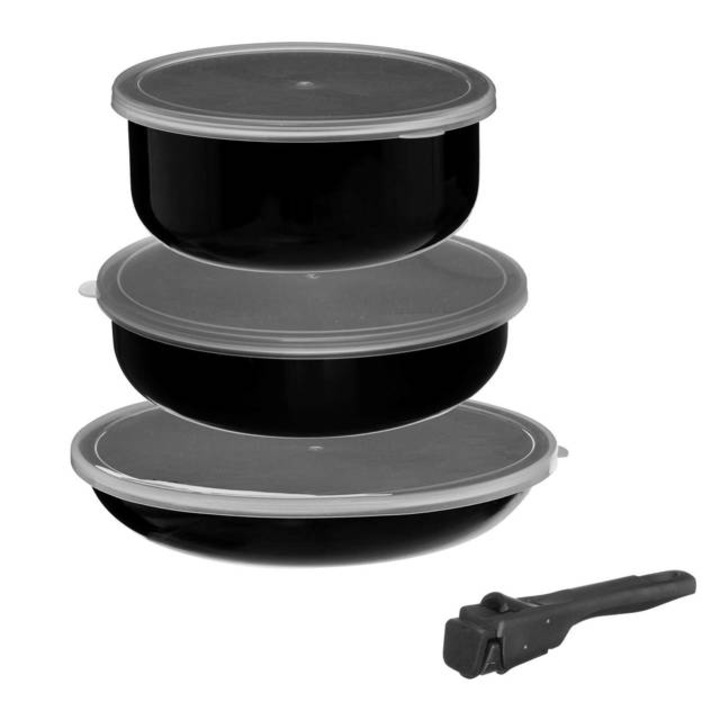 3 db alumínium serpenyős szett fedővel és levehető fogantyúval, 7 db