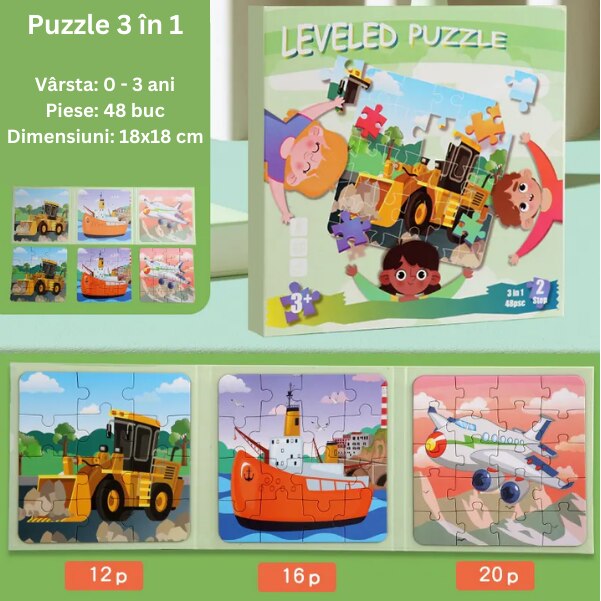 Puzzle 3 in 1, sub forma de carte, cu 3 nivele de dificultate