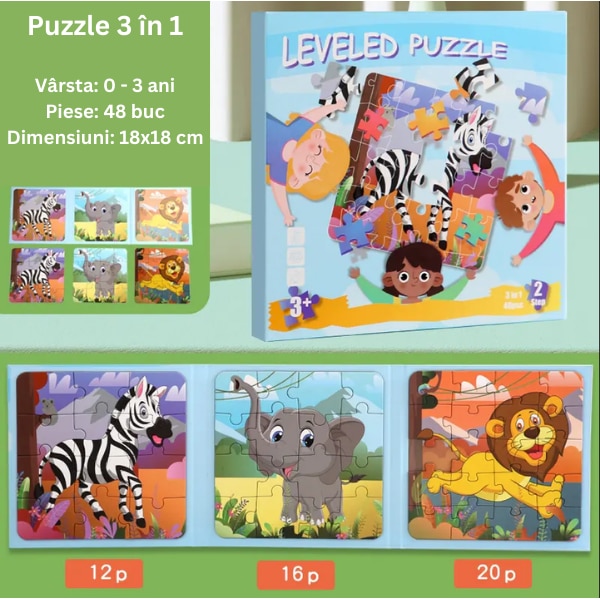 Puzzle 3 in 1, sub forma de carte, cu 3 nivele de dificultate