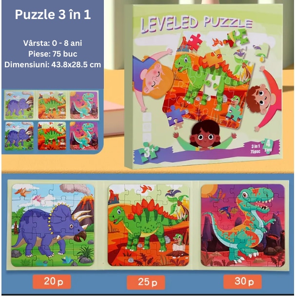 Puzzle 3 in 1, sub forma de carte, cu 3 nivele de dificultate