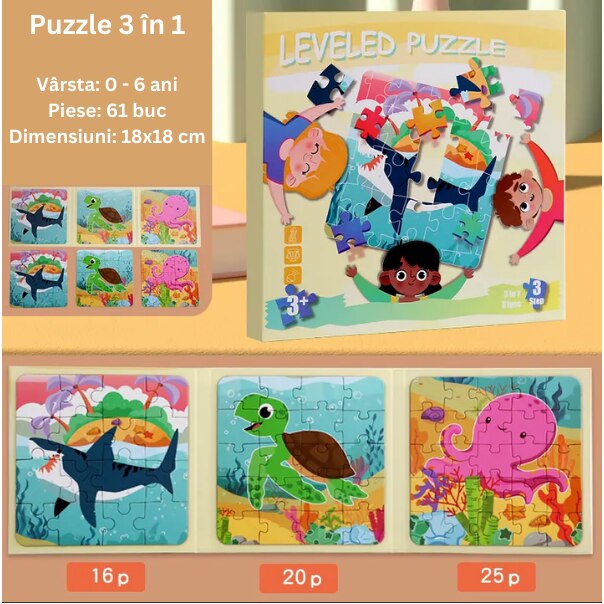 Puzzle 3 in 1, sub forma de carte, cu 3 nivele de dificultate