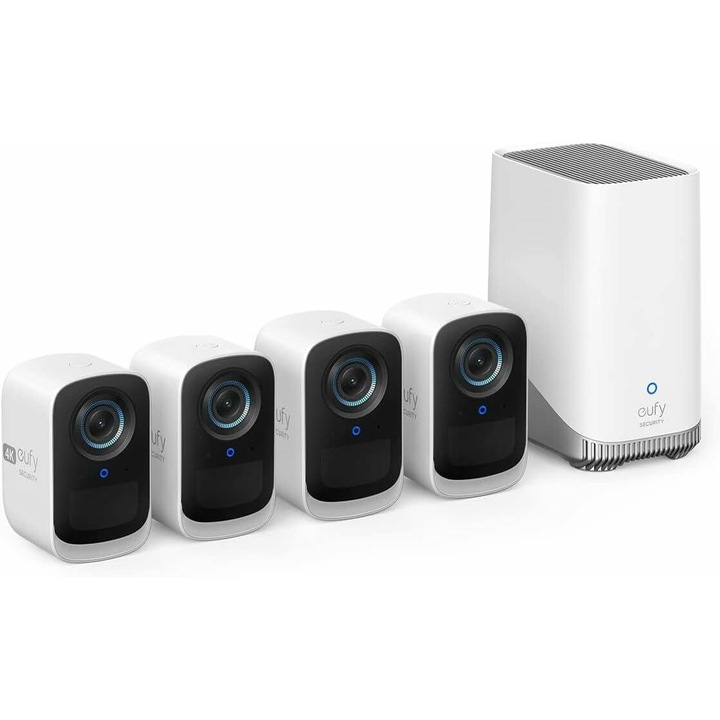 Eufy 3C S300 kamera,4K Ultra HD, BionicMind™, Éjjellátó, Homebase 3 + 4 eufyCam 3C videó szuprajármű szett