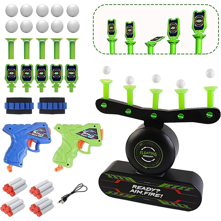 Set Blaster, cu tinta plutitoare si tinta fixa fosforescenta, 2 pistoale de jucarie, 2 bratari, 10 bile si 20 de sageti din spuma, compatibil Nerf, +8 ani