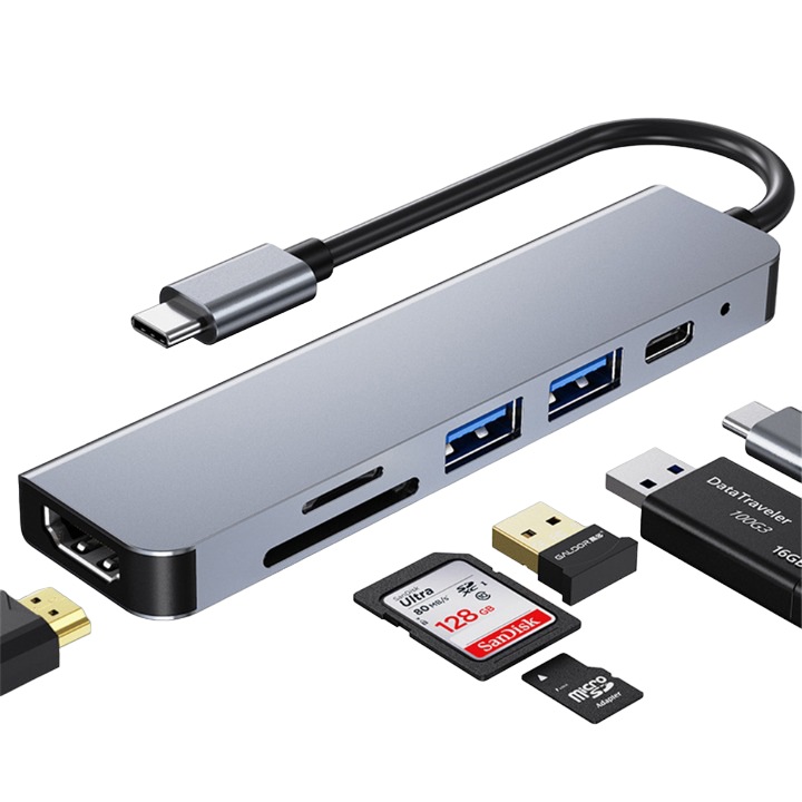 Hub Adaptor Multiport 6 in 1 USB-C 3.1 Staryon® la HDMI 4K 30HZ/ 1x USB 3.0 / 1x USB 3.0 / Power Delivery Port 60W / TF si SD Card Reader, Docking Station pentru Laptop, MacBook Air/Pro, Chromebook, Tableta, Gri