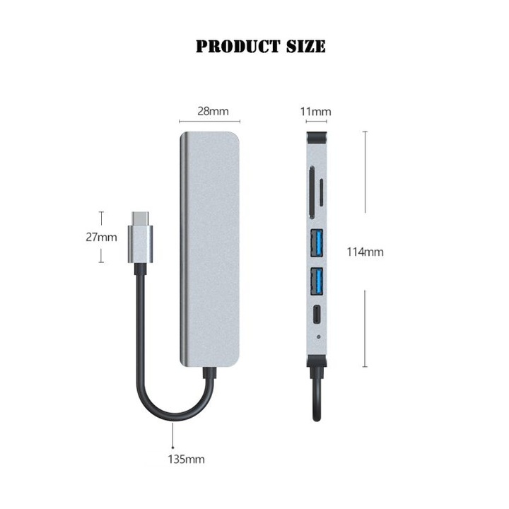 Адаптер Staryon, 6 в 1 USB-C 3.1, към HDMI, 4K, сив