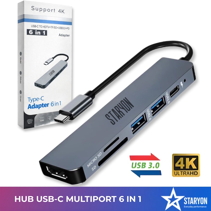 Adaptor HUB USB-C Multiport 6 in 1 Staryon®, HDMI 4K@30HZ, 1 x USB 3.0, 1 x USB 2.0, PD 60W Charging Port, SD/TF Card Reader, Docking Station pentru Laptop Lenovo, Dell, HP, Asus, Acer, Apple MacBook Air/Pro, Chromebook, Tableta, Gri