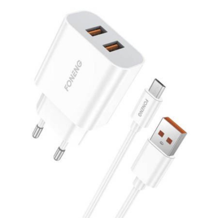 Foneng EU45 2xUSB-A hálózati töltő + USB-A - MicroUSB kábel fehér (EU45 Micro) (EU45 Micro)