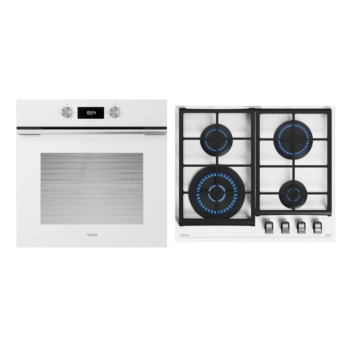 Pachet Cuptor incorporabil Teka HLB 8400 WH, 70 litri, HydroClean PRO plus Plita incorporabila pe Gaz, Teka GZC 64320 XBC WH, 4 arzatoare, 60 cm, cristal alb
