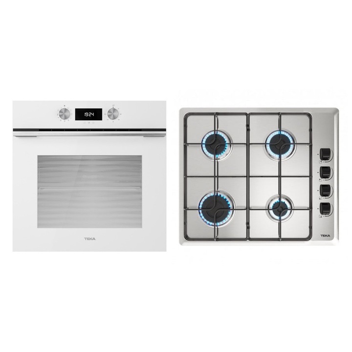 Pachet Cuptor incorporabil Teka HLB 8400 WH, 70 litri, HydroClean PRO plus Plita incorporabila pe Gaz, Teka HLX 640 KB, 4 arzatoare, 60 cm, inox