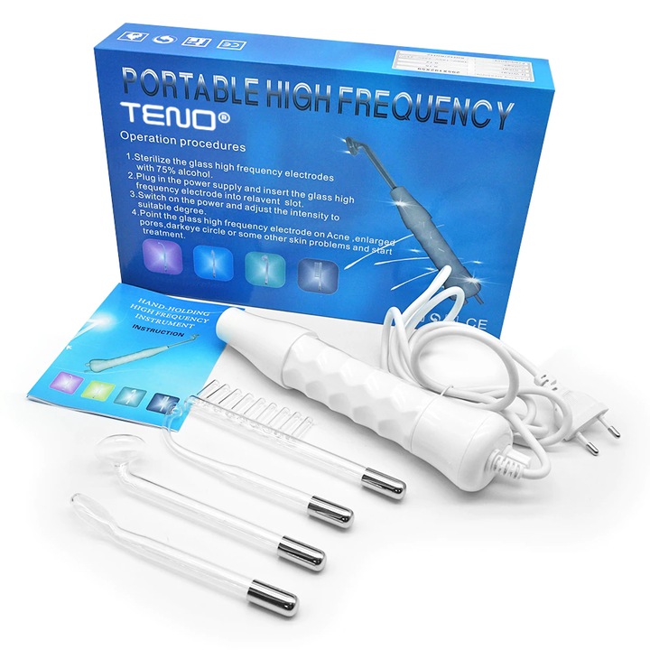 Electroderm Multifunctional Teno®, tratament cu frecventa inalta pentru acnee, riduri, ten, par, stimulator scalp, infrumusetare faciala, lifting, alb