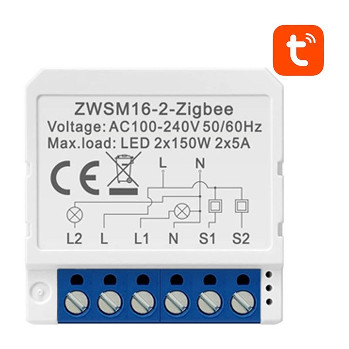 Comutator Smart Avatto ZWSM16-W2, 2 canale, 2x 150W, 2x 5A, ZigBee 3.0, Tuya, Alb