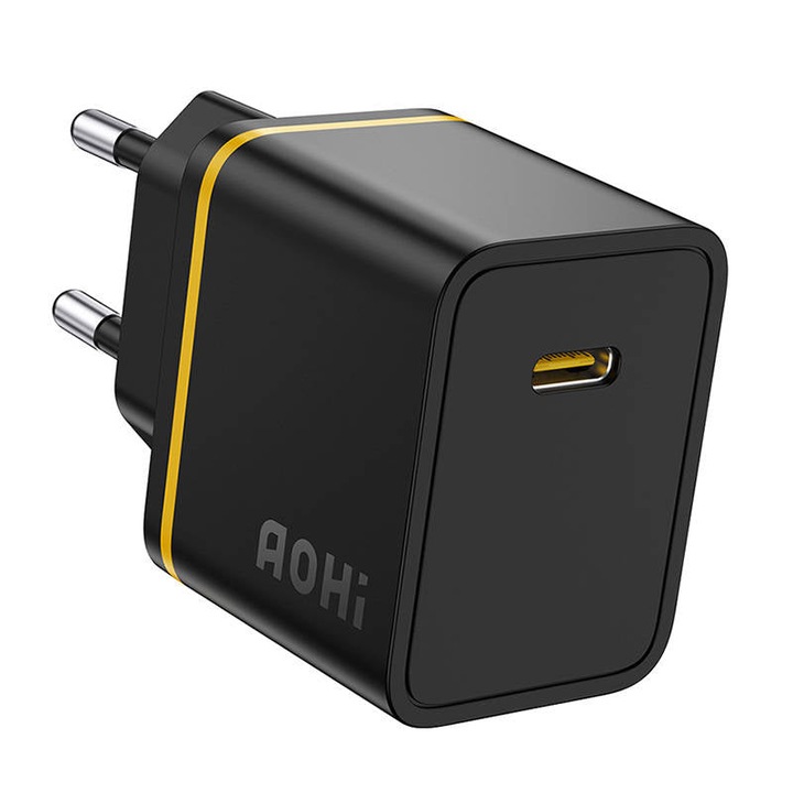 Incarcator Retea AOHi, Fast Charge 30W Tehnologie GaN, 1 x USB-C, Compatibil iPhone, iPad, Samsung, Huawei, OPPO, Xiaomi, Google, Negru cu Galben