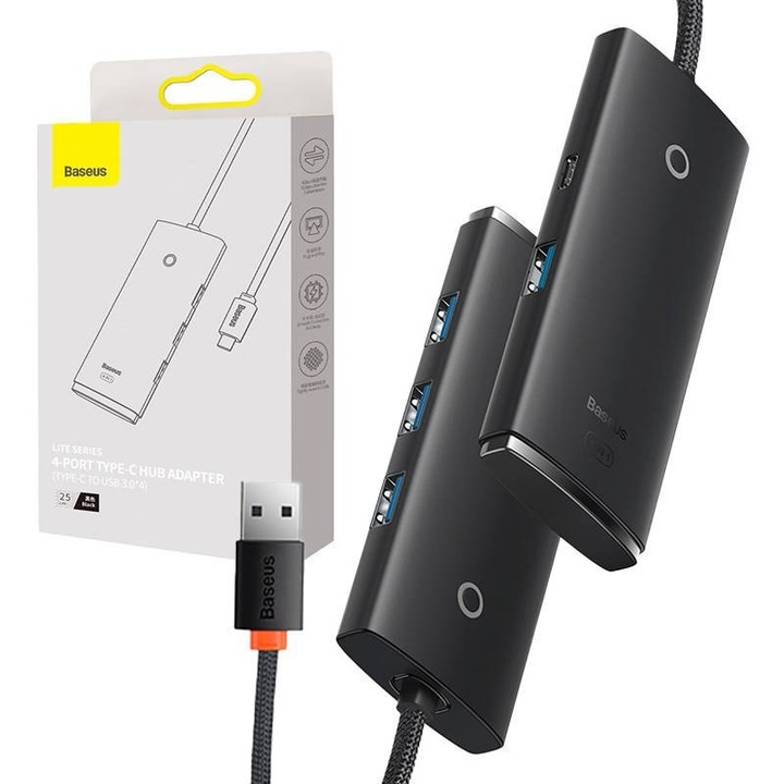 USB HUB, Baseus, 4 USB-C порта, 25 см, черен
