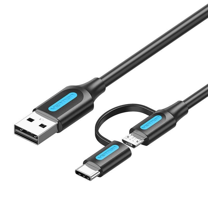 Adatkábel, Vention, 2 az 1-ben, USB 2.0/USB-C/Micro-B USB V, 1 m, fekete/kék
