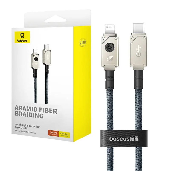 Cablu de date, Baseus, Incarcare rapida, USB-C/Lightning, 20 A, 2 m, Bleumarin