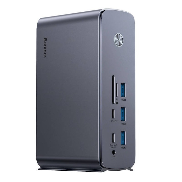 Хъб, Baseus, 17 порта, USB-C/USB 3.0/PD/PC/RJ45/SD/TF, сив