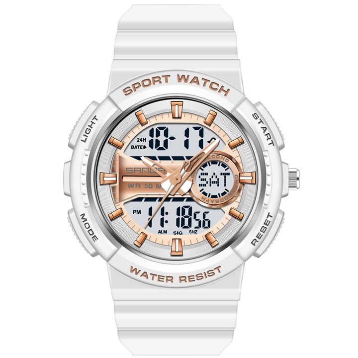 Sanda SHoXiT gyermekóra, Dupla idő, Chronograph, Fehér/ Rose Gold