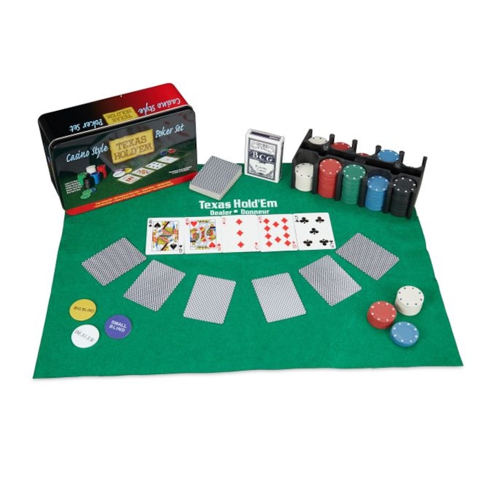 Покер комплект Relaxdays, 200 чипа, мат, 2 комплекта карти, fisa delar, малък блинд и голям блинд