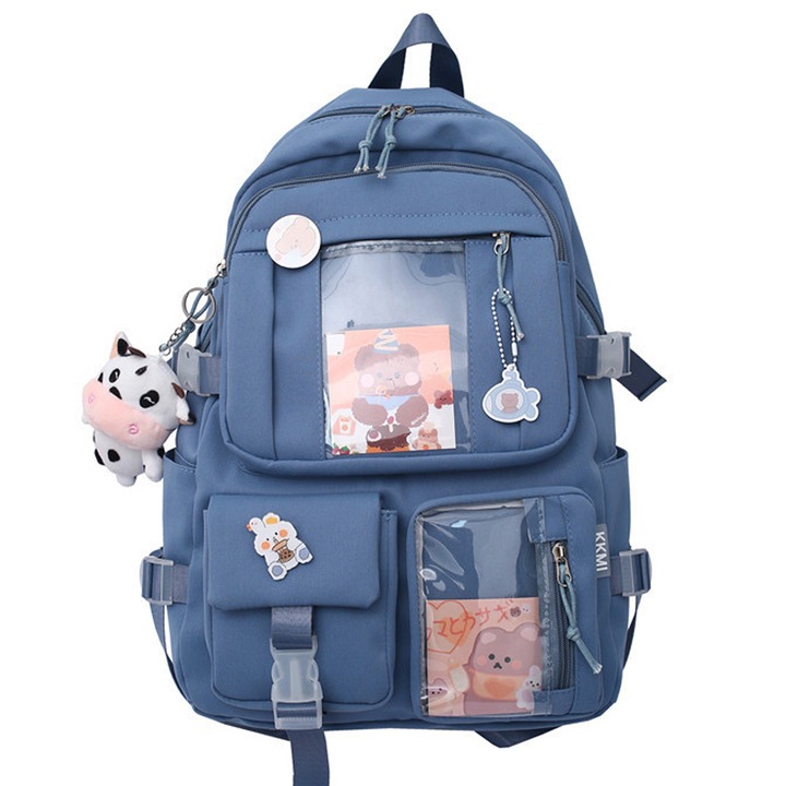 Kawaii hátizsák aranyos kiegészítőkkel, kitűzőkkel, plüss medállal, Kawaii iskolatáska, aranyos esztétikus hátizsák, kék