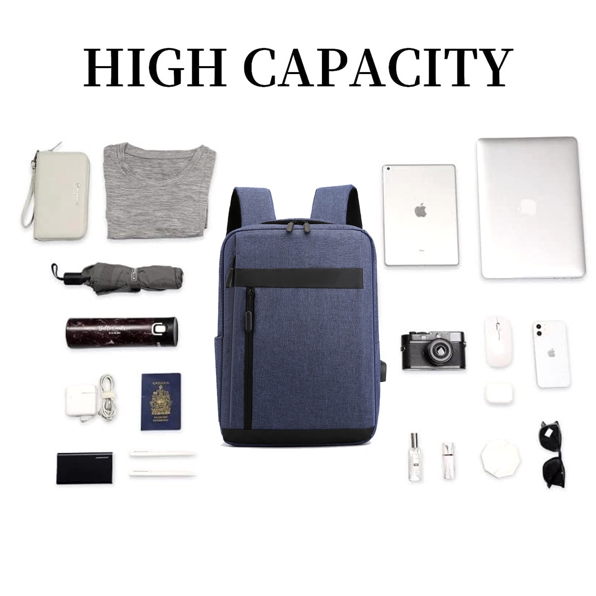 Ghiozdan pentru laptop AMRINUGL, 15.6 inch, 40x30x11cm, cu port USB, albastru inchis, capacitate mare