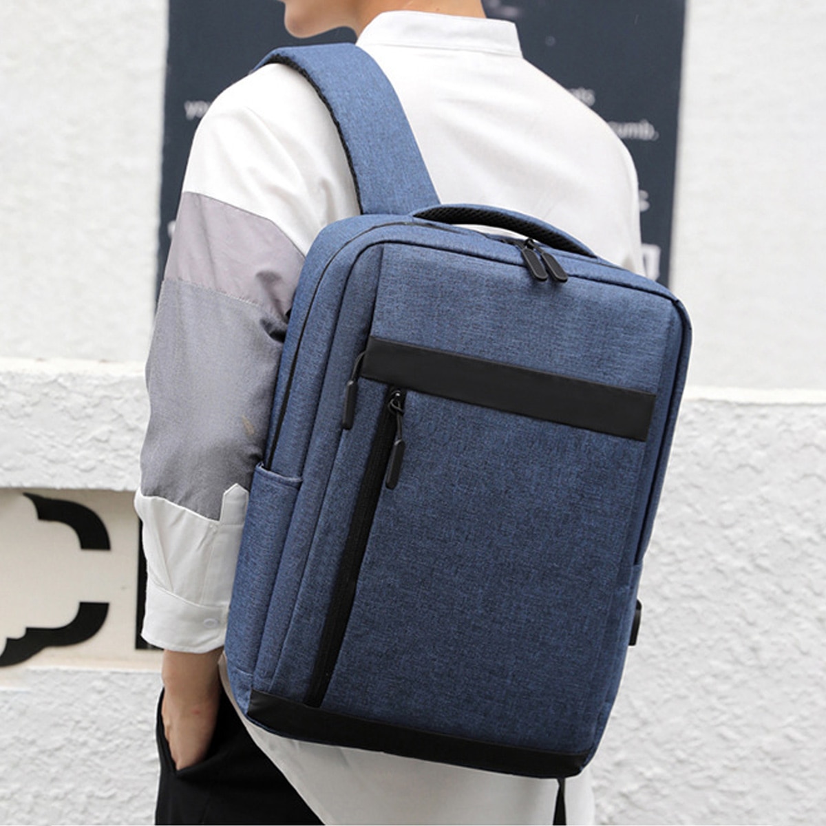 Ghiozdan pentru laptop AMRINUGL, 15.6 inch, 40x30x11cm, cu port USB, albastru inchis, capacitate mare