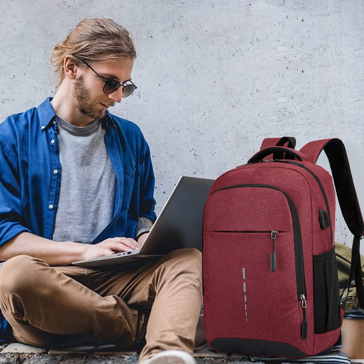 Rucsac laptop din material Oxford cu port USB, compartiment pentru laptop 14 inch, buzunar antifurt, rezistent la apa, grena, 44 x 30 x 13 cm