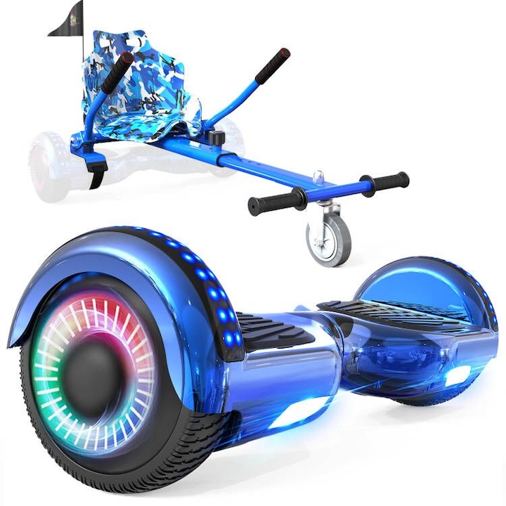 Set Hoverboard si Hoverkart, GeekMe, ajustabil, 6,5 inch, bluetooth, Lumina LED roti, Albastru