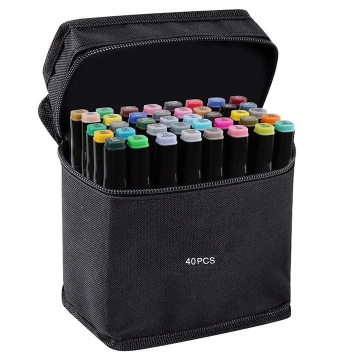 Set 40 markere permanente, pe baza de alcool, doua capete 1-6mm, 15 cm, geanta depozitare inclusa, Criando, MKR_40