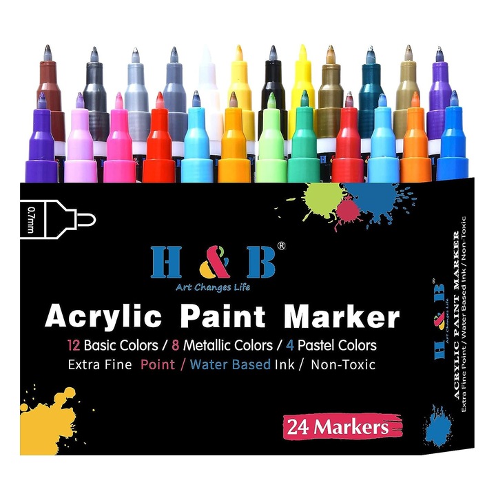 Set 24 markere multicolore, cu vopsea acrilica, varf 0.7mm, pentru hartie, piatra, sticla, ceramica, lemn, textile, panza
