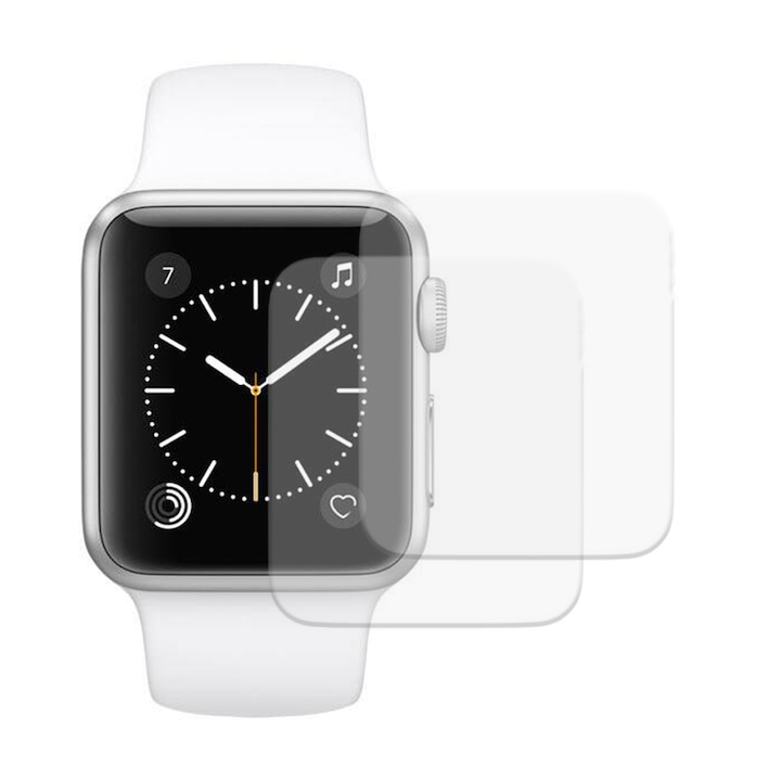 Set 2 x Folie compatibila cu Apple Watch 1 38mm, InvisiFlex Full Glue, Silicon hydrogel regenerabil, Anti soc si anti spargeri, SlimLine NanoShield, Transparenta
